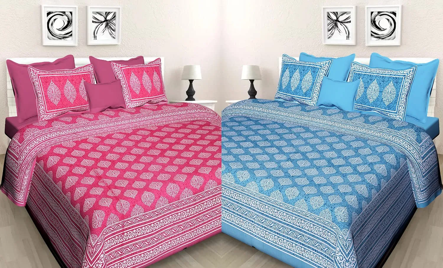 Meejoya 100% Cotton Rajasthani Jaipuri King Size Combo Bedsheets Set of 2 Double Bedsheets with 4 Pillow Covers_Made in India_147