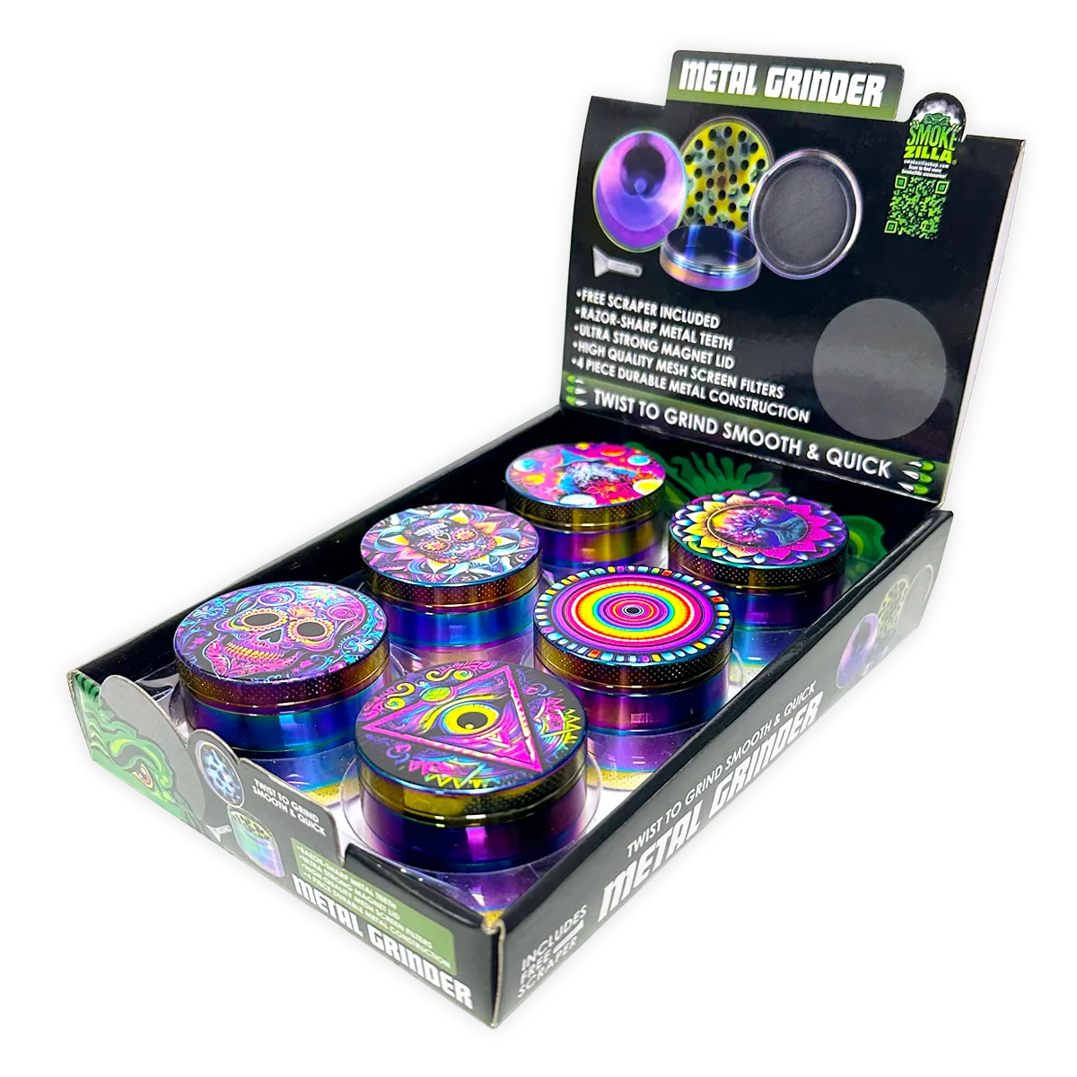 Metal 4 Piece Grinder with Printed Top - 6 Pieces Per Retail Ready Display 25552