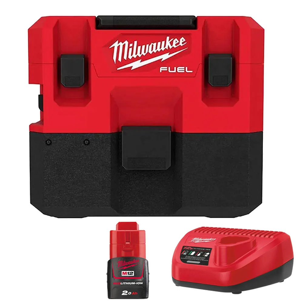 Milwaukee M12 FVCL-0 12V FUEL Brushless Wet & Dry Vacuum with 1 x 2.0Ah Battery Charger