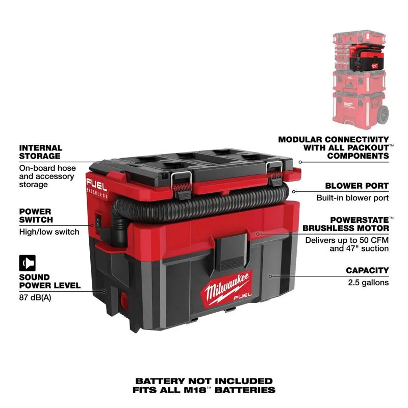 Milwaukee M18 FUEL PACKOUT 0970-20 2.5 gal Cordless Wet/Dry Vacuum Tool Only 18 V