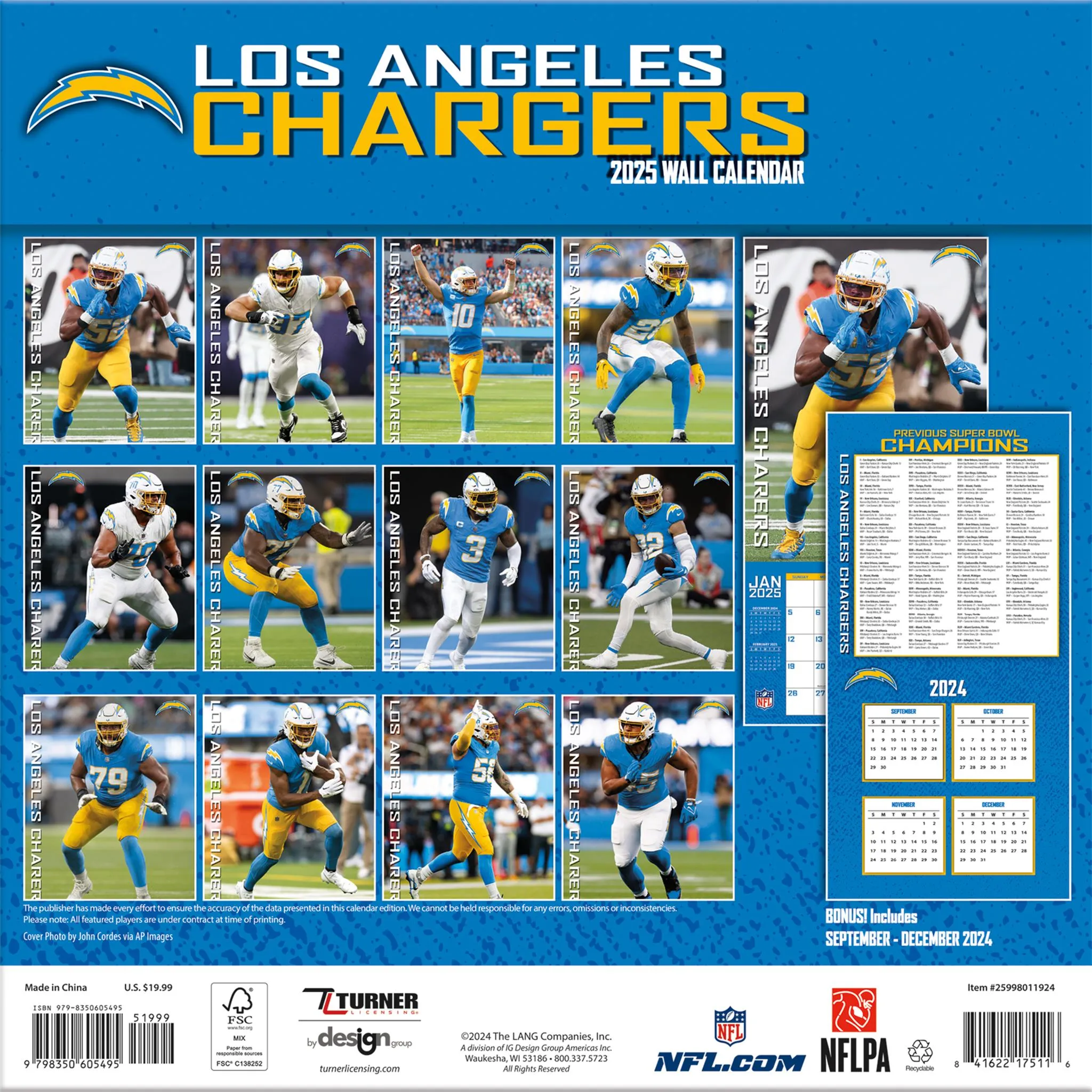 NFL Los Angeles Chargers Wall 2025 Calendar - Online Exclusive