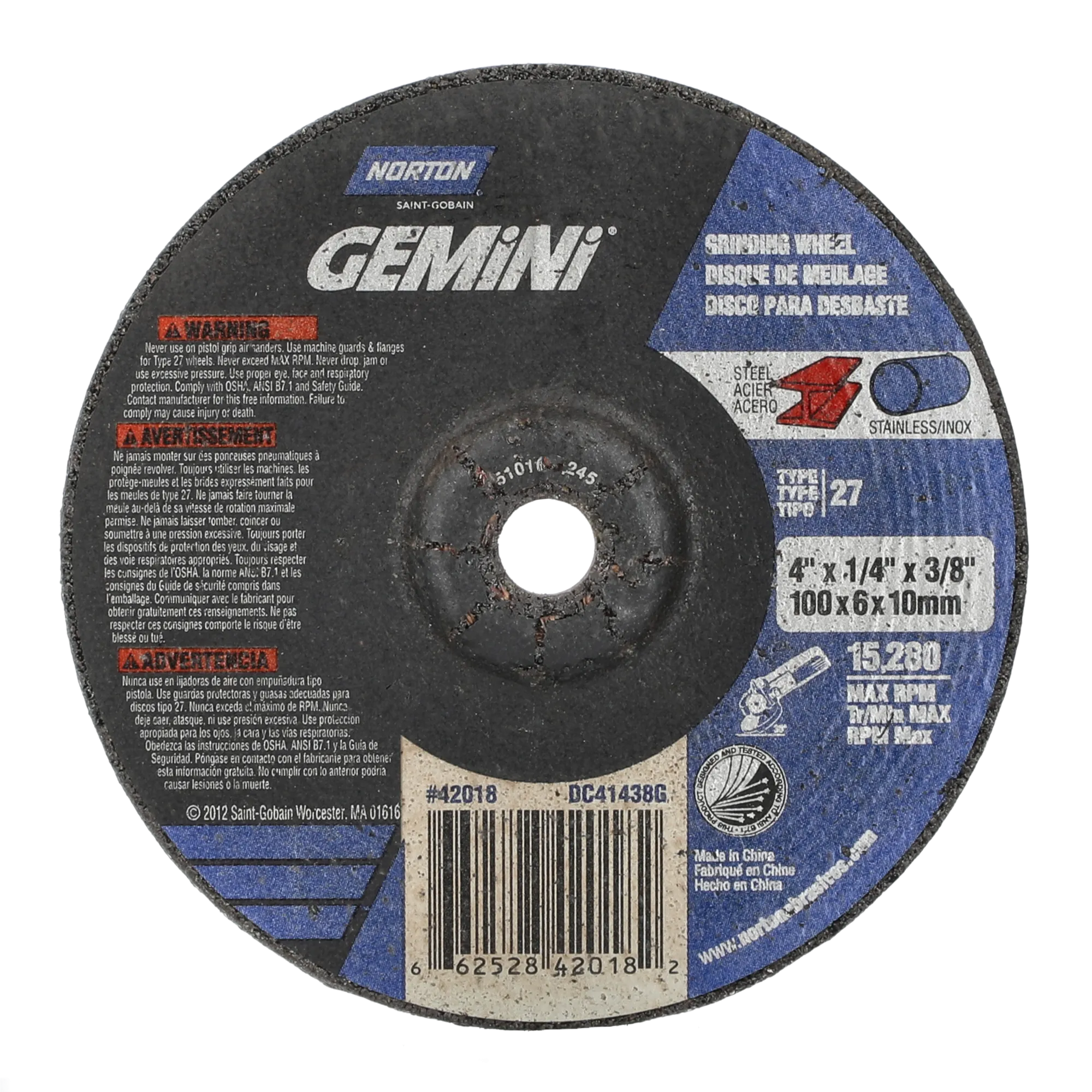 Norton 4 x 1/4 x 3/8 In. Gemini Grinding Wheel 24 Q BDA T27 25 Count