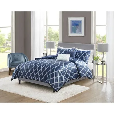 Open Box - 4pc Twin/Twin Extra Long Zara Charmeuse Geo Print Comforter Bedding Set - Navy: