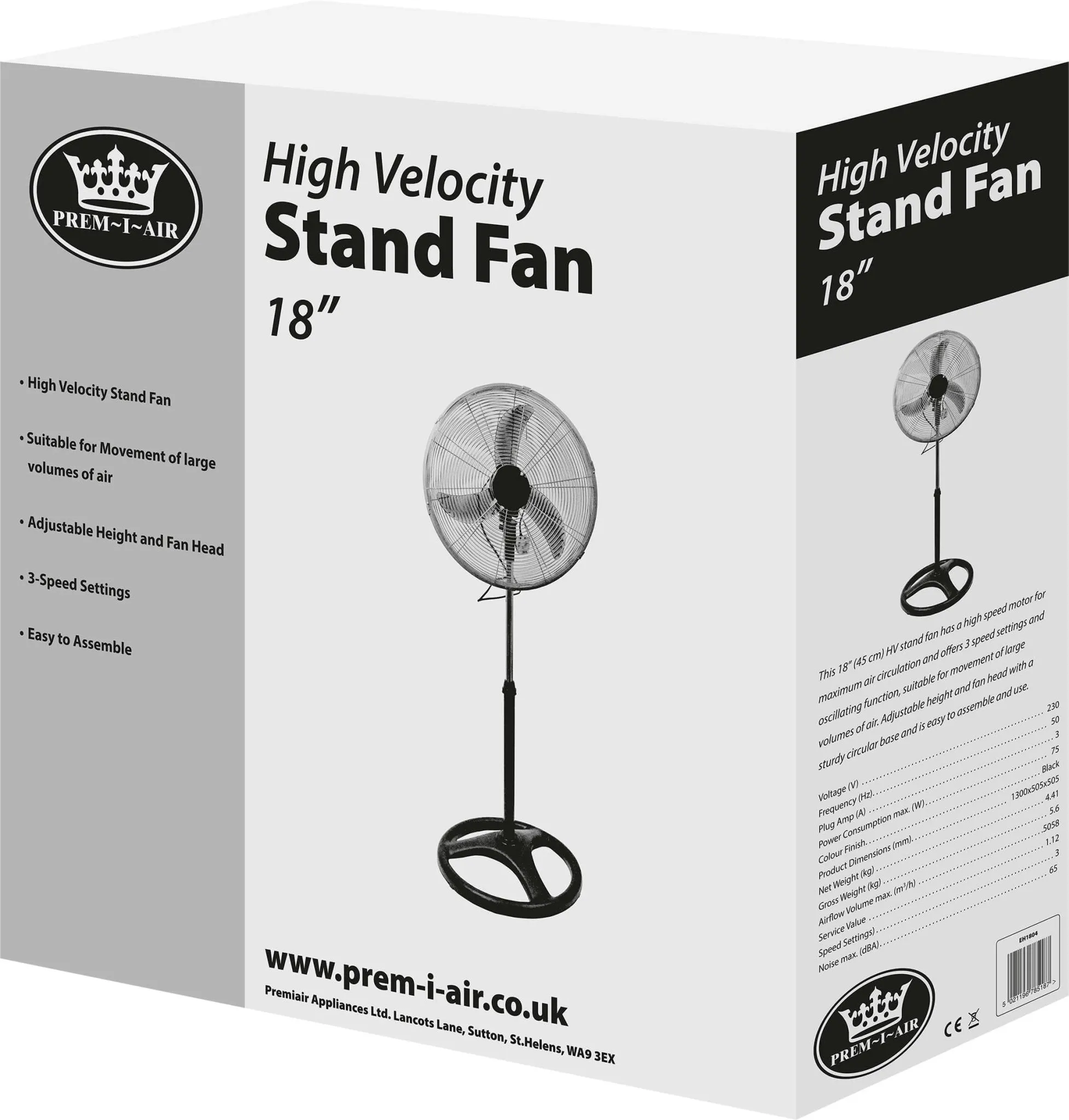 Prem-I-Air 18" Black/Silver Oscillating Pedestal HV Fan with 3 Speed