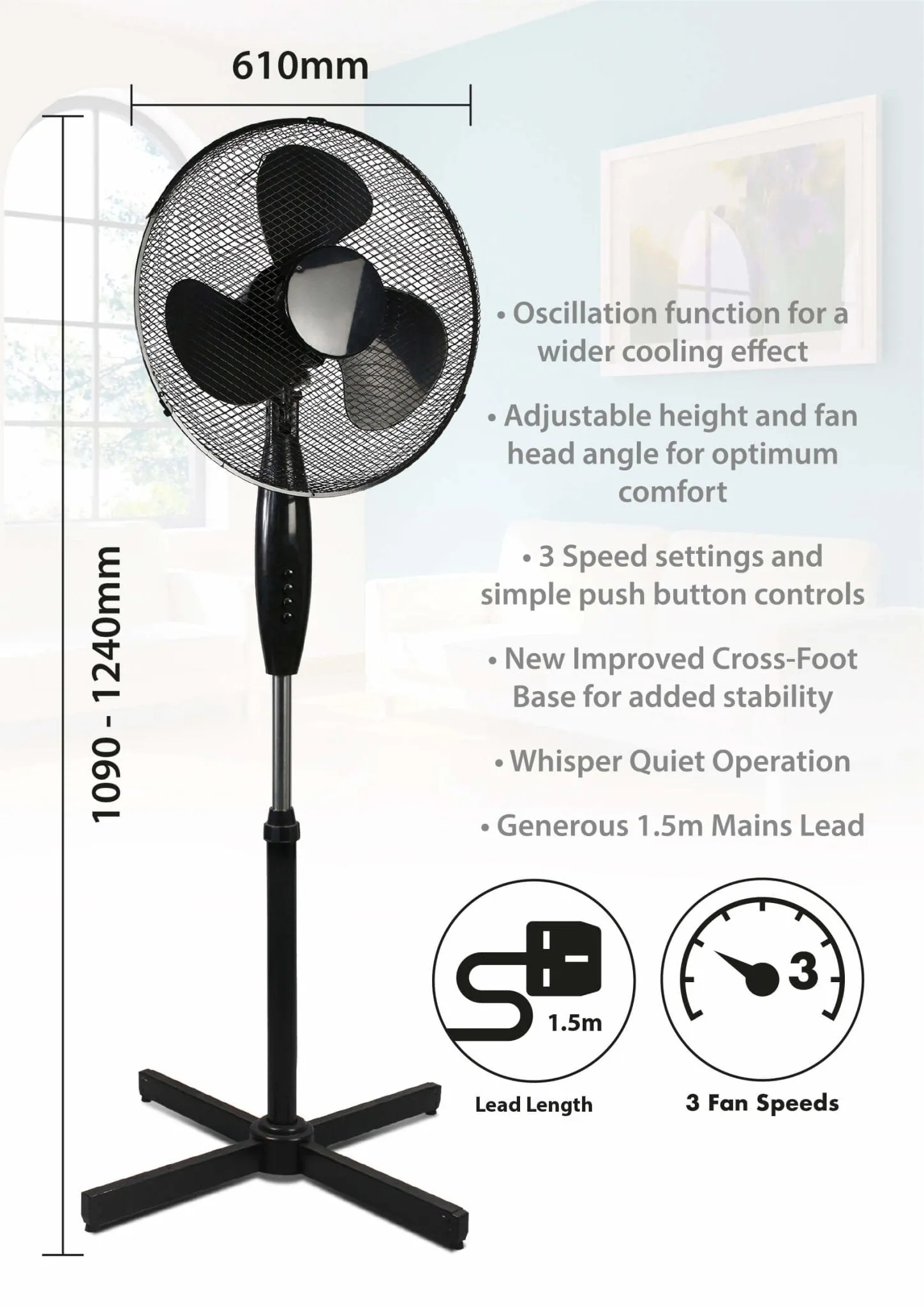 Prem-I-Air 40cm Oscillating Pedestal Fan with 3 Speed Settings