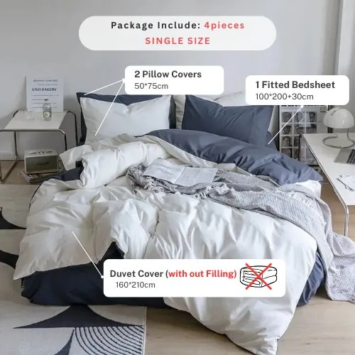 Premium Single Size 4 Pieces Duvet Cover Set, Reversible White with Gray Color Plain Style Bedding Set.