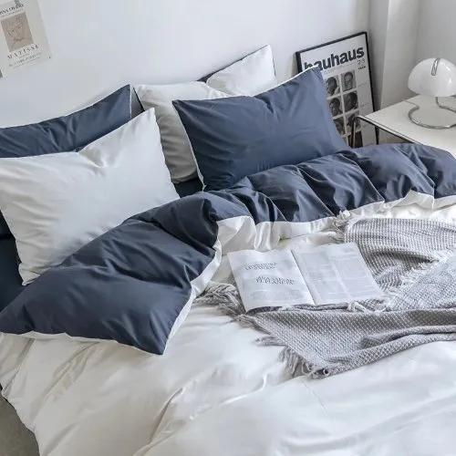 Premium Single Size 4 Pieces Duvet Cover Set, Reversible White with Gray Color Plain Style Bedding Set.