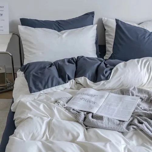 Premium Single Size 4 Pieces Duvet Cover Set, Reversible White with Gray Color Plain Style Bedding Set.