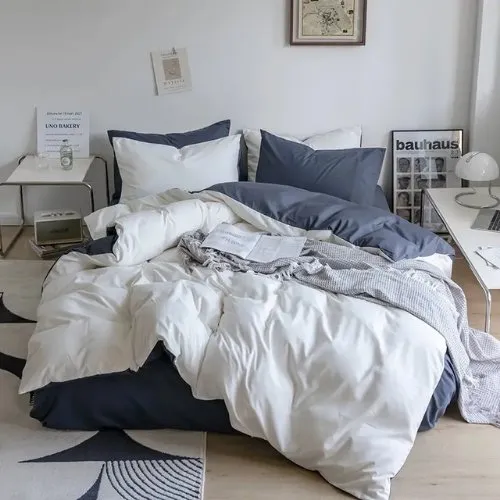 Premium Single Size 4 Pieces Duvet Cover Set, Reversible White with Gray Color Plain Style Bedding Set.