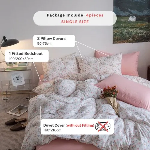 Premium Single size 4 Pieces  Retro Style with  Candy Pink Color Bedsheet Postoral Printed Bedding Set  without filler.