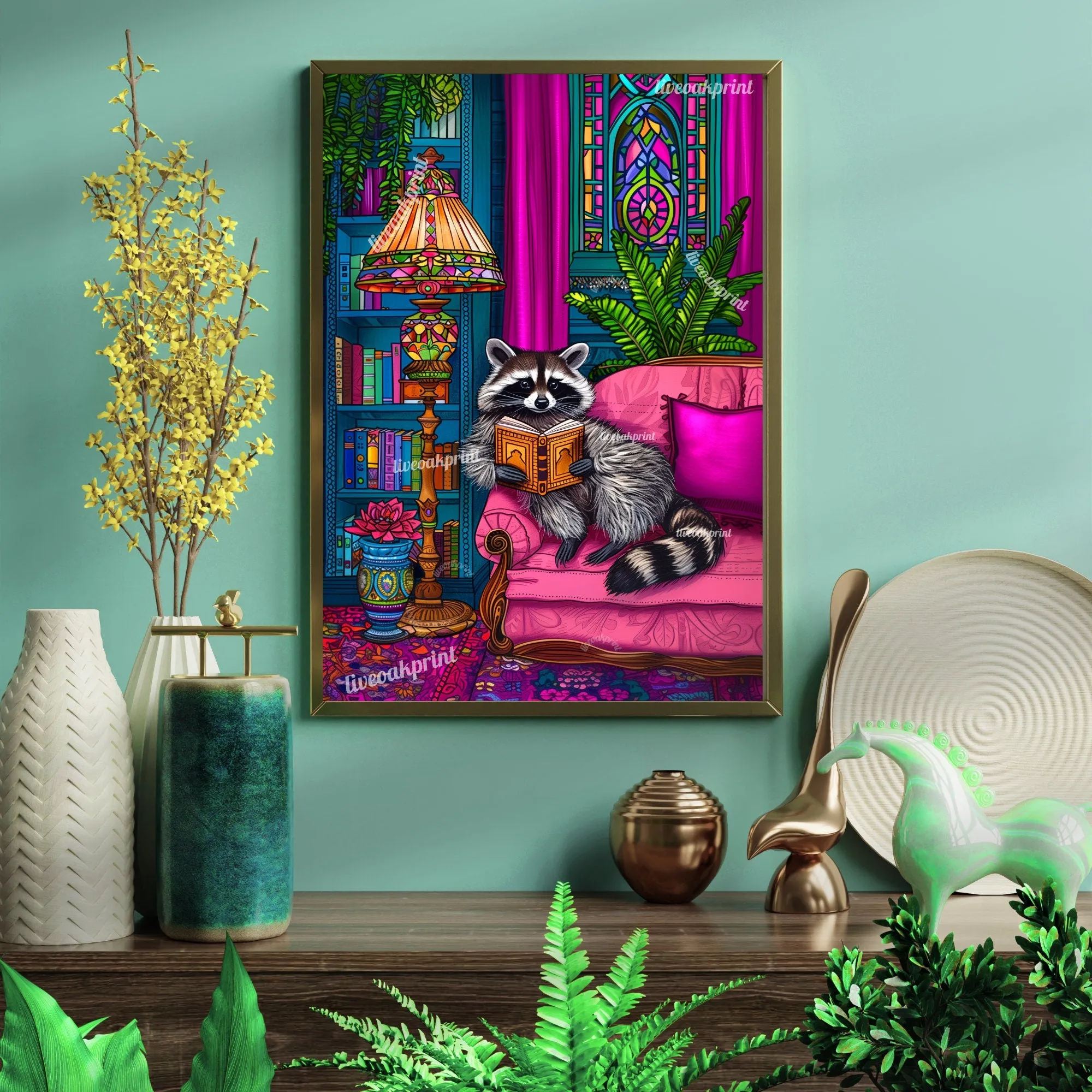 Reading Raccoon - A Cozy Raccoon Reads In A Luxury Living Room - Woodland Animal Decor - Raccoon Print