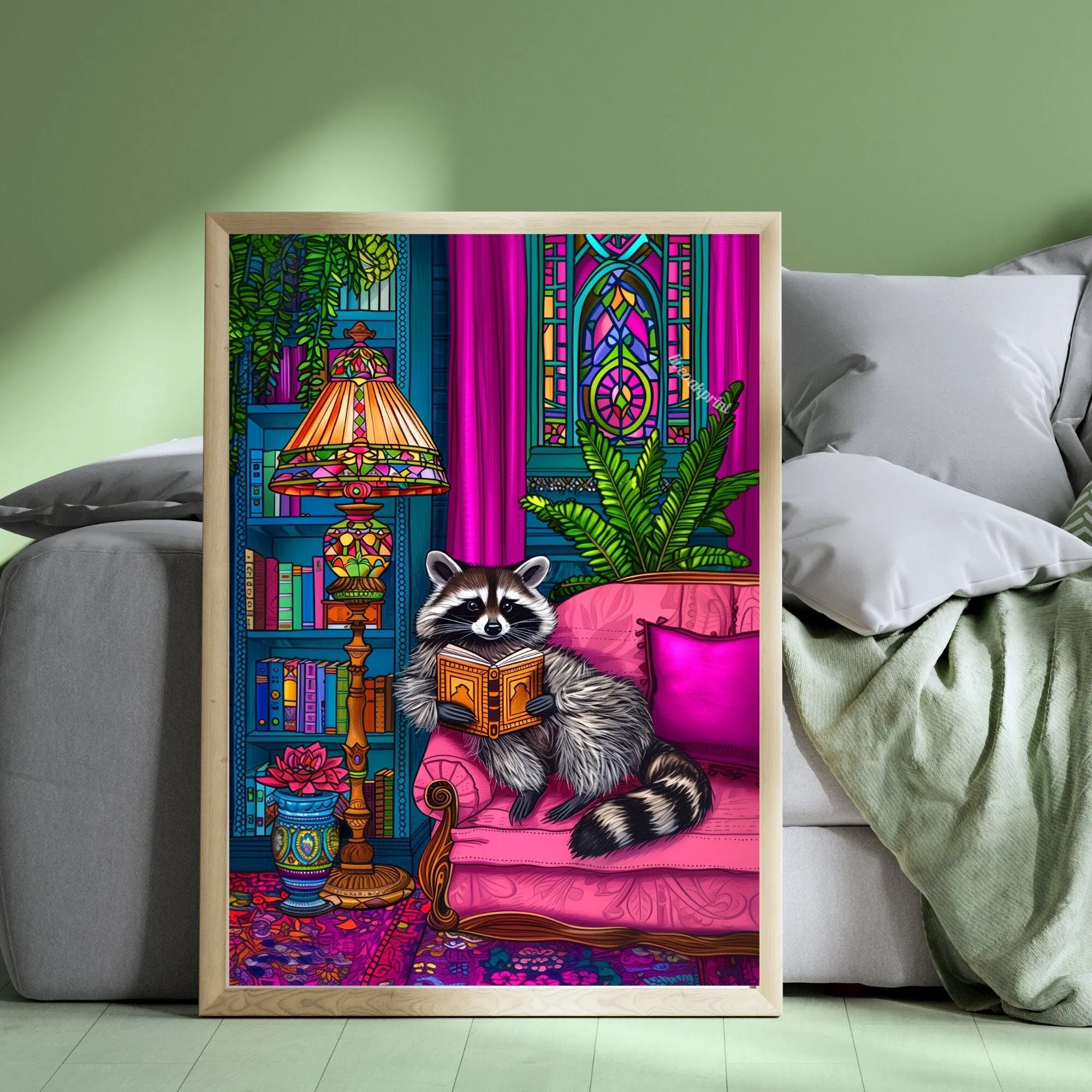 Reading Raccoon - A Cozy Raccoon Reads In A Luxury Living Room - Woodland Animal Decor - Raccoon Print