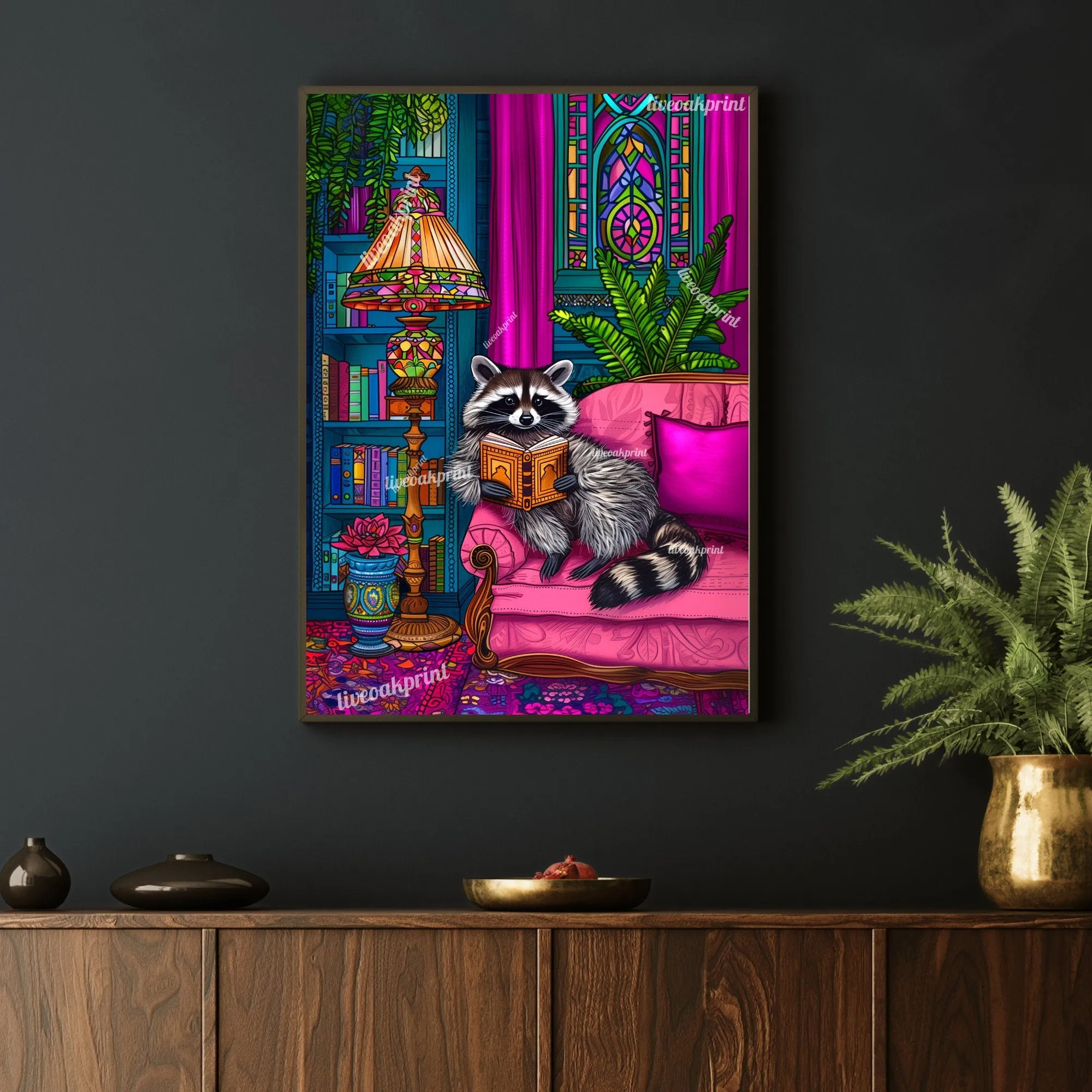 Reading Raccoon - A Cozy Raccoon Reads In A Luxury Living Room - Woodland Animal Decor - Raccoon Print