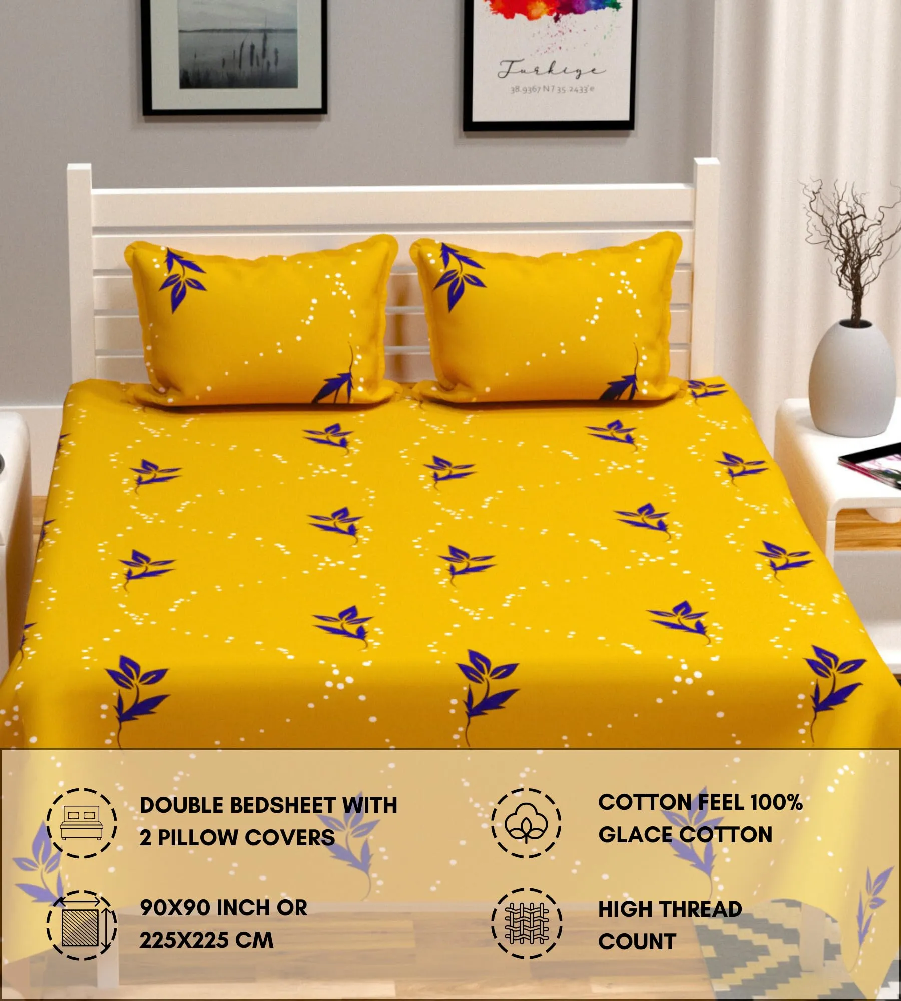 RVS DECOR Home Double Bedsheet for Double Bed Cotton | Double Bed Sheet Double Bed Cotton | Cotton Bedsheets for Double Bed | Cotton Bed Sheets for Double Bed (90x90 Inch, Yellow)