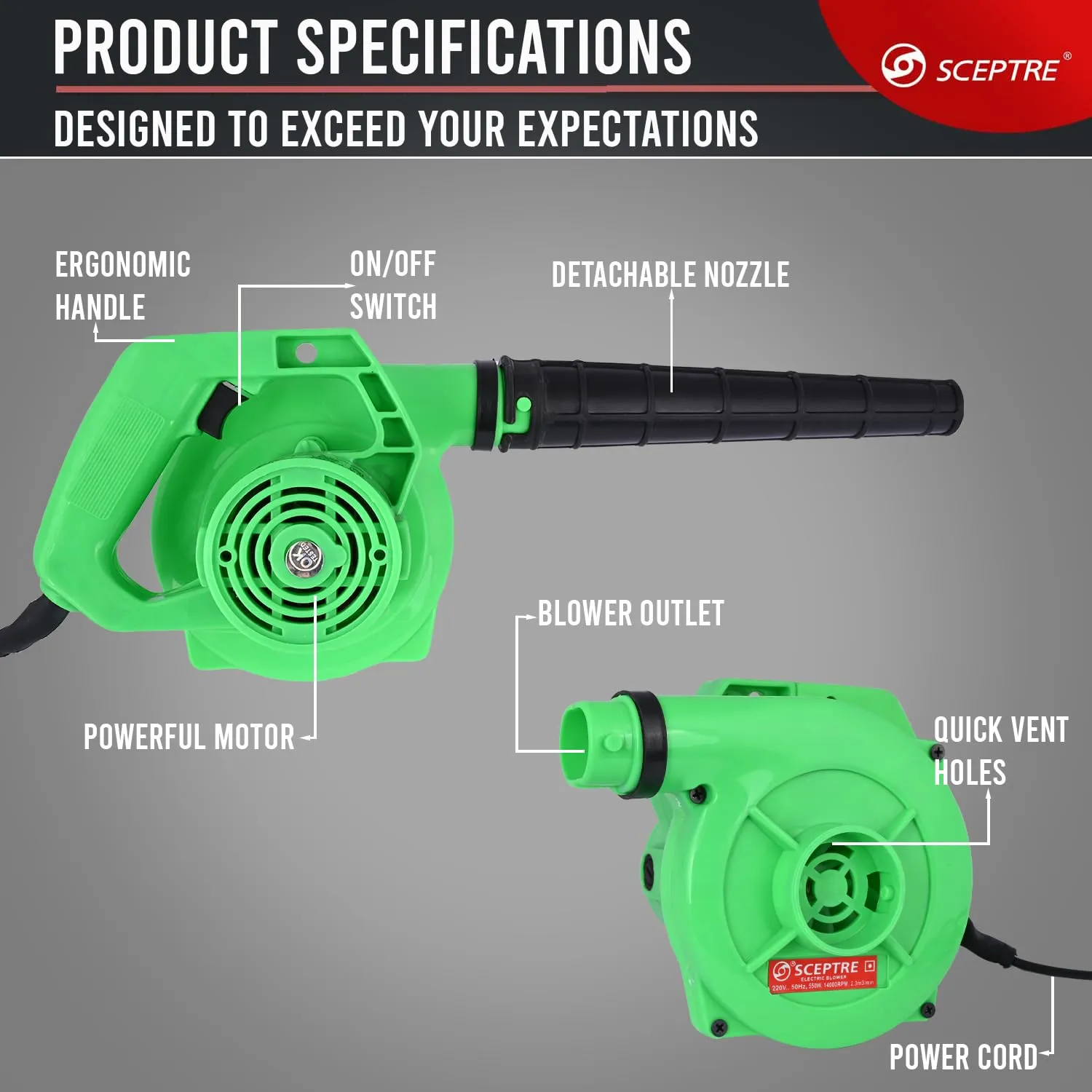 Sceptre SPBK-30 550W Electric Air Blower for Dust Cleaner and Suction 14000 RPM Airfoil Dust Extraction Blower Air Flow 170 km/hr with Unbreakable Body & Glossy Finish (Corded, Green)