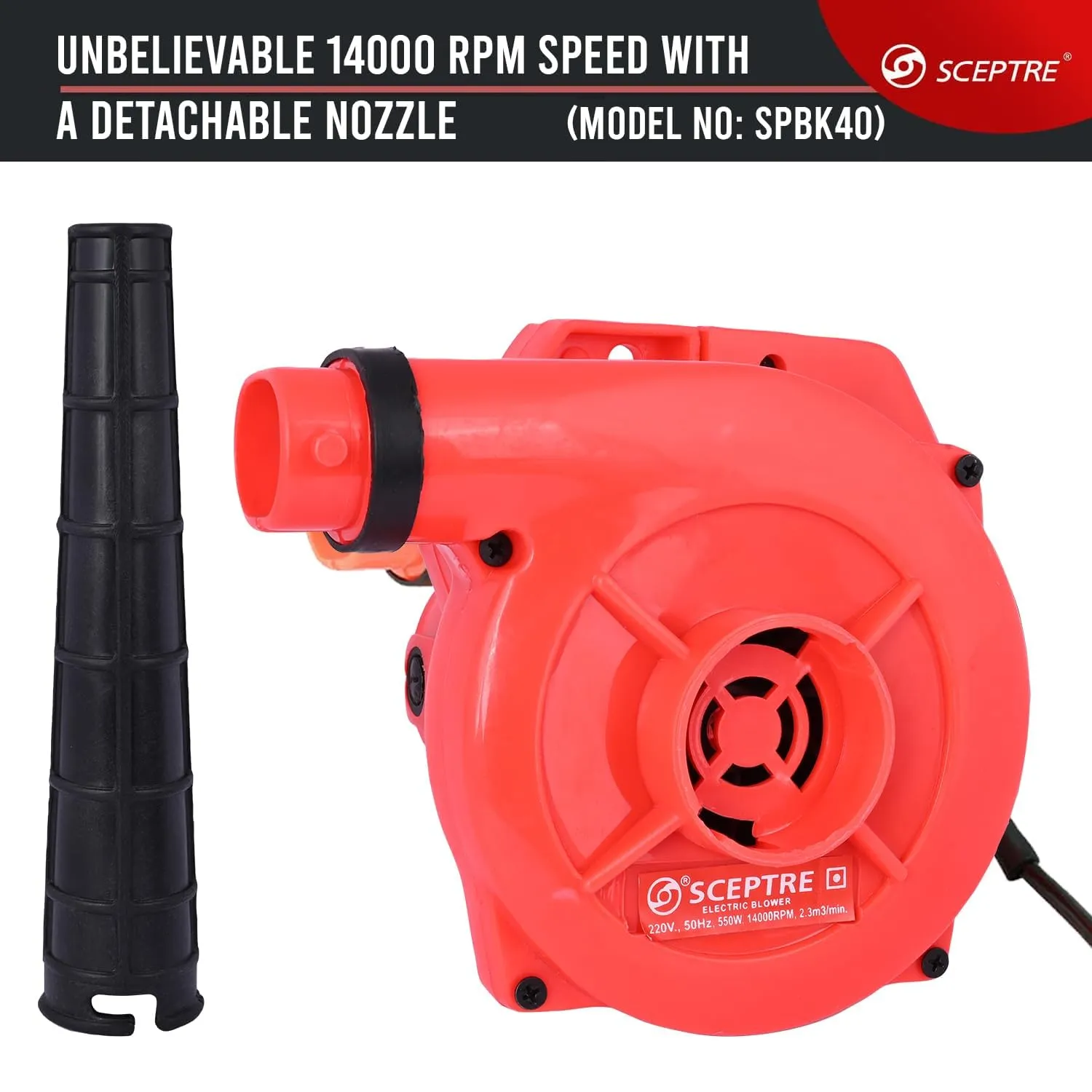 Sceptre SPBK-30R 550W Electric Air Blower for Dust Cleaner and Suction 14000 RPM Airfoil Dust Extraction Blower Air Flow 170 km/hr with Unbreakable Body & Glossy Finish (Corded, Red)