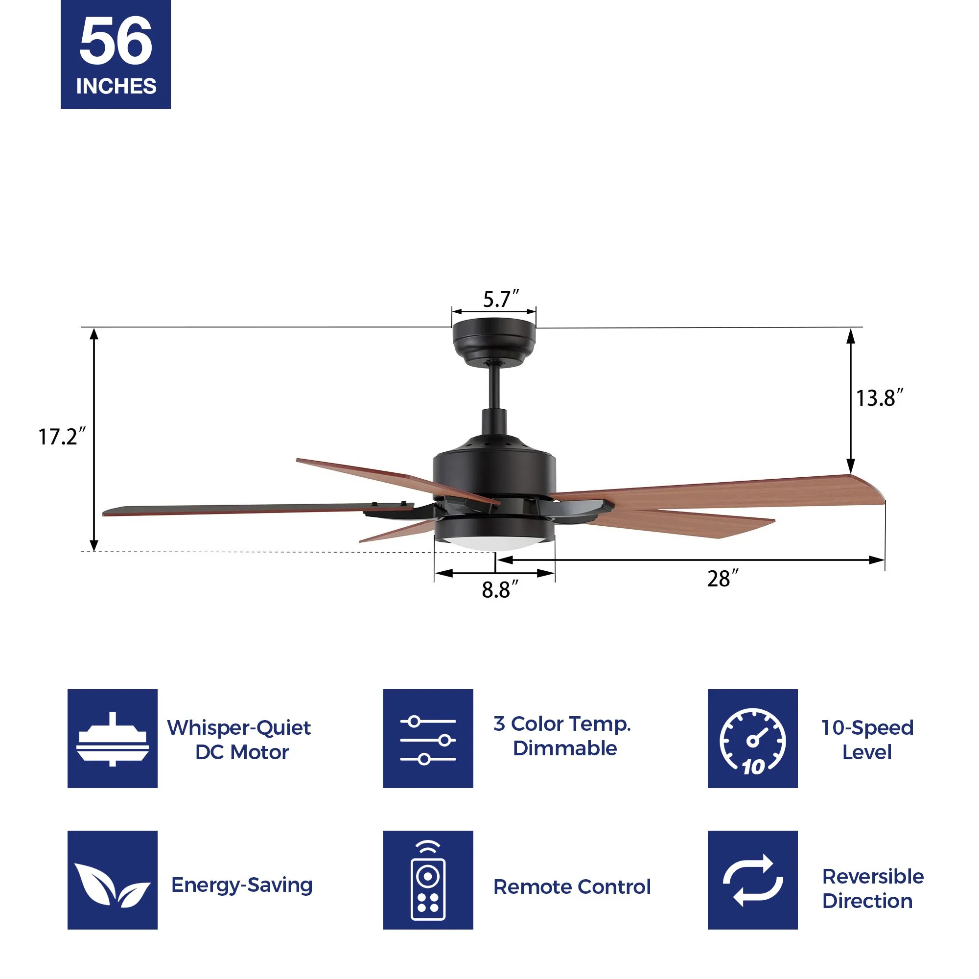 Sheffield 56 inch Ceiling Fan with LED Light and Remote Control