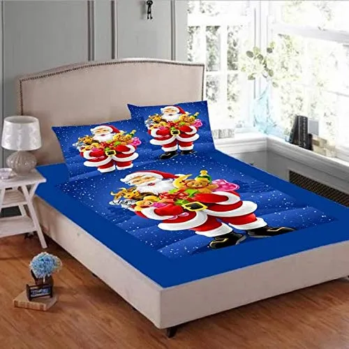 Shri Anand Creations 200TC Digital Print Christmas Bedsheet for Double Bed with Pillow Covers (Santa -1)