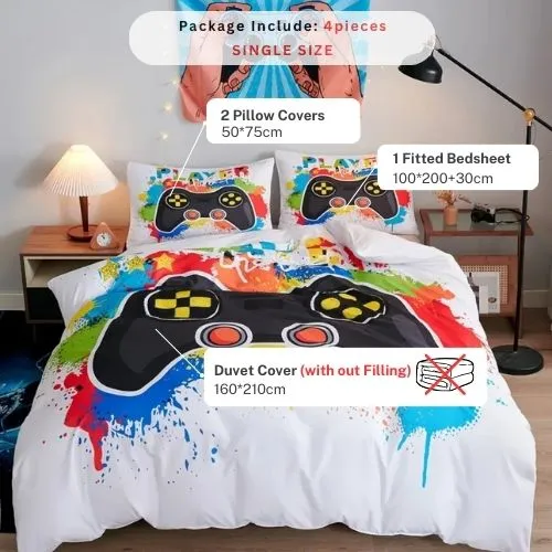 Single size 4 piece bedding set with duvet cover 3D white color.