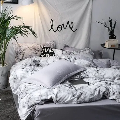 Single size 4 pieces Bedding Set without filler, Marble Design Grey Color