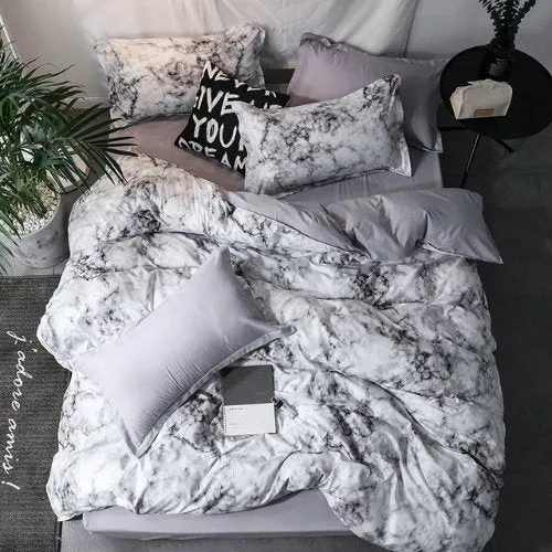 Single size 4 pieces Bedding Set without filler, Marble Design Grey Color