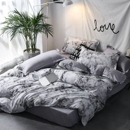 Single size 4 pieces Bedding Set without filler, Marble Design Grey Color