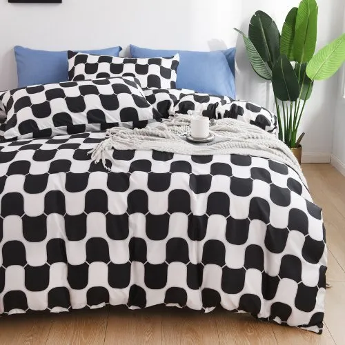 Single size 4 pieces Bedding Set without filler, Wave Design ,Black and White Color