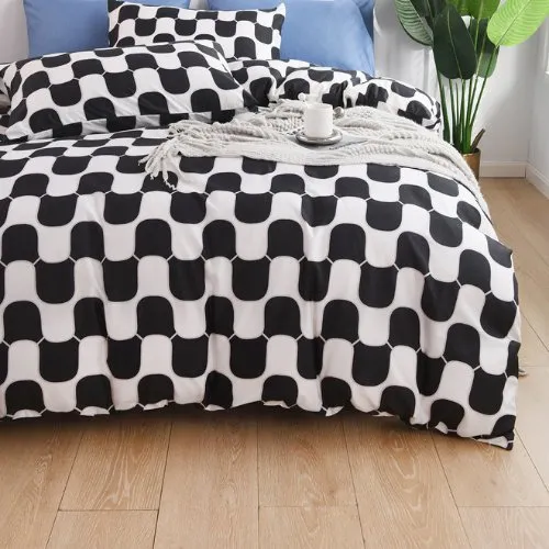 Single size 4 pieces Bedding Set without filler, Wave Design ,Black and White Color