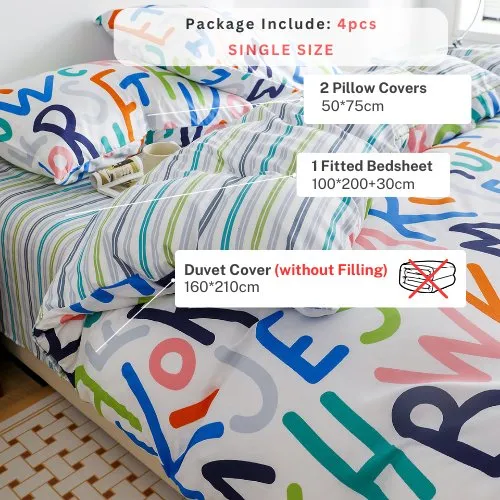 Single Size 4 Pieces  Reversible Alphabet Design Stripped Bedsheet and Rainbow Colors Duvet Cover without filler.