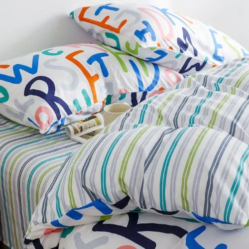 Single Size 4 Pieces  Reversible Alphabet Design Stripped Bedsheet and Rainbow Colors Duvet Cover without filler.