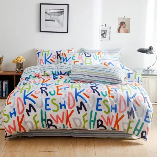 Single Size 4 Pieces  Reversible Alphabet Design Stripped Bedsheet and Rainbow Colors Duvet Cover without filler.