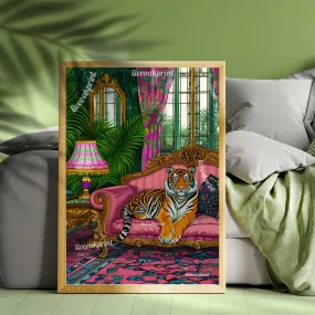 Tiger Lounging on a Luxury Sofa - Maximalist Wall Art - Tiger Print - Tiger Wall Art - Jungle Wall Decor - Tiger Living Room