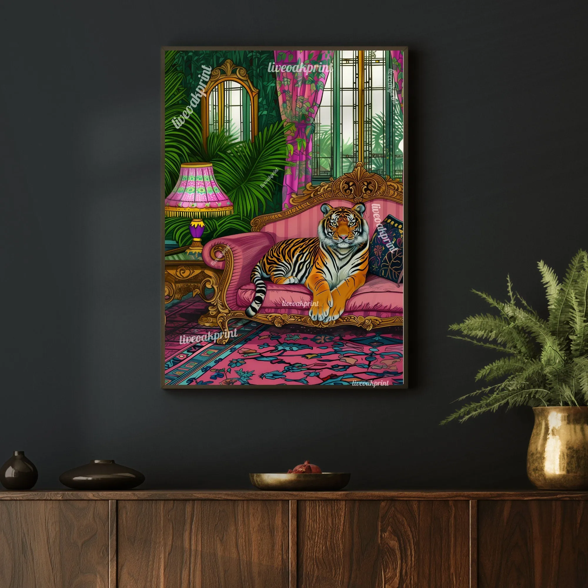 Tiger Lounging on a Luxury Sofa - Maximalist Wall Art - Tiger Print - Tiger Wall Art - Jungle Wall Decor - Tiger Living Room