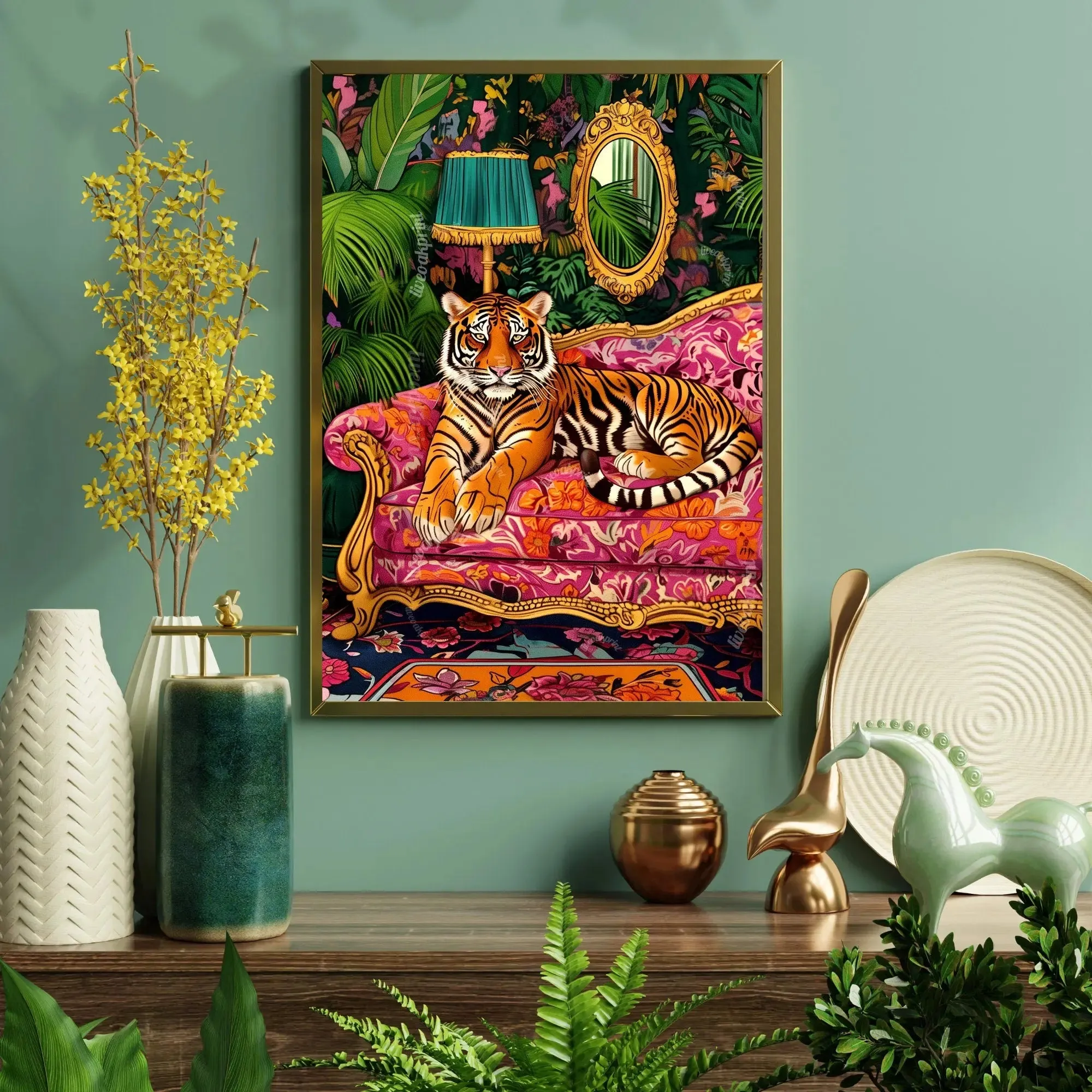 Tiger Lounging on a Luxury Sofa - Maximalist Wall Art - Tiger Print - Tiger Wall Art - Tiger Wall Decor - Tiger Living Room