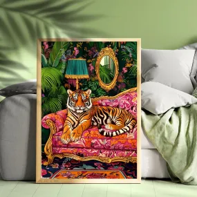 Tiger Lounging on a Luxury Sofa - Maximalist Wall Art - Tiger Print - Tiger Wall Art - Tiger Wall Decor - Tiger Living Room