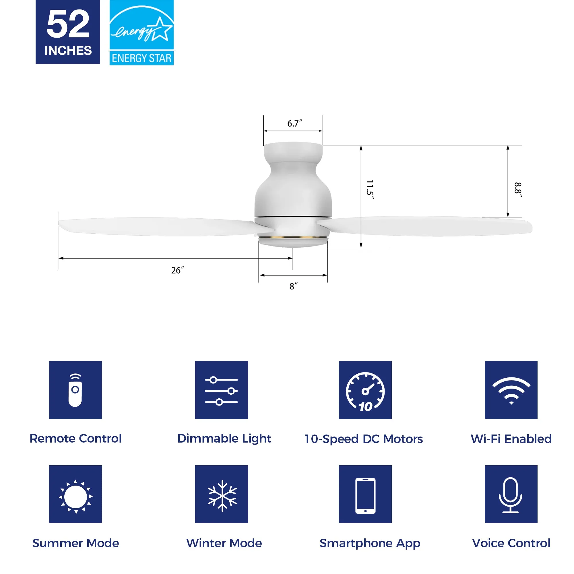 Trendsetter Low Profile Outdoor Smart Fan with LED Light Remote 52”