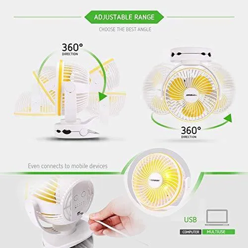 VIVOSUN 6700mAh USB Powered Clip Fan with Hanging Hook 4 Speeds 2 Level Light for Camp Baby Stroller Gym Home Office