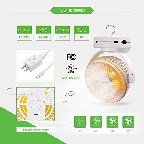 VIVOSUN 6700mAh USB Powered Clip Fan with Hanging Hook 4 Speeds 2 Level Light for Camp Baby Stroller Gym Home Office