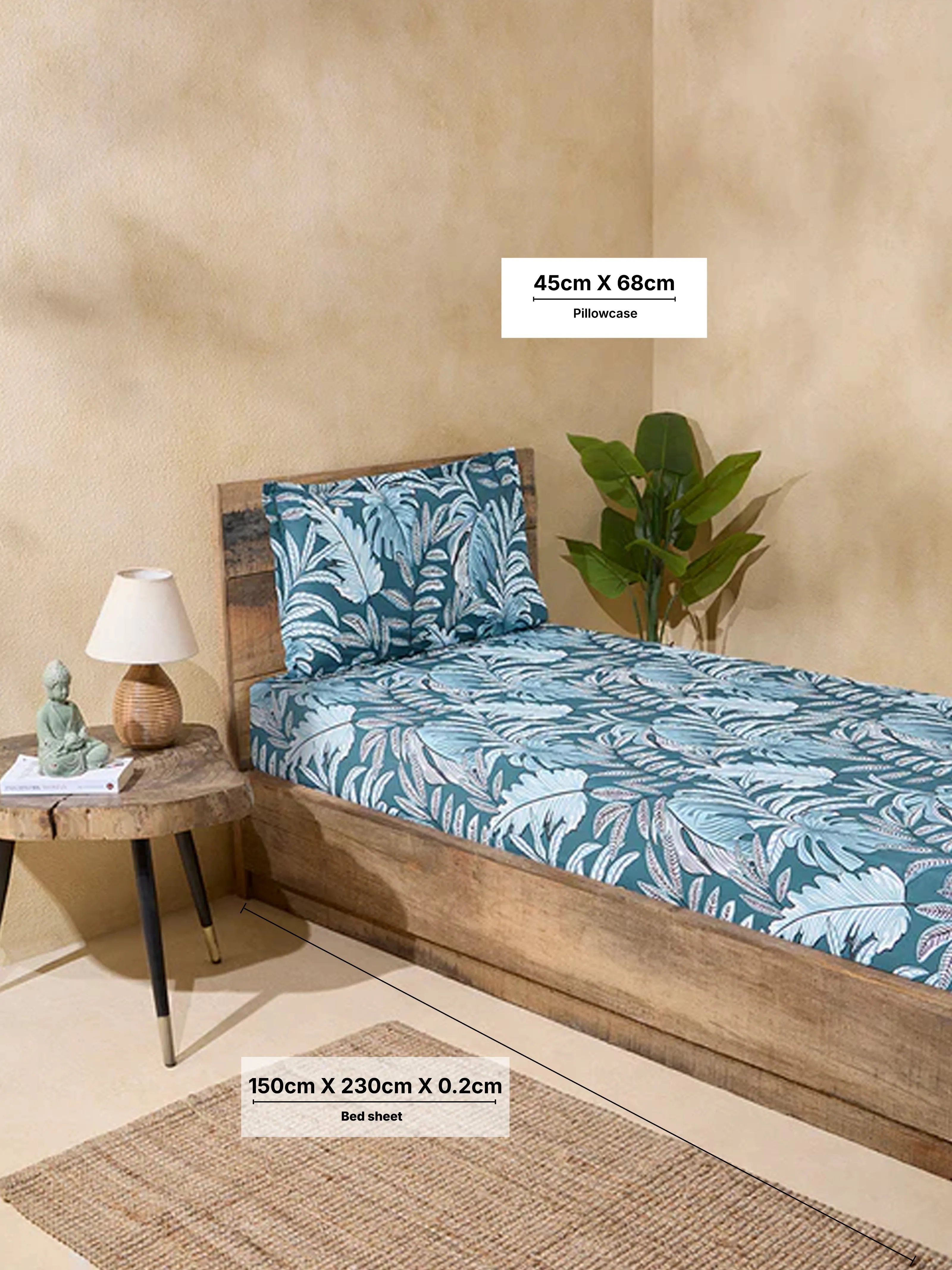 Westside Home Teal Leaf Design Single Bed Flat Sheet and Pillowcase Set