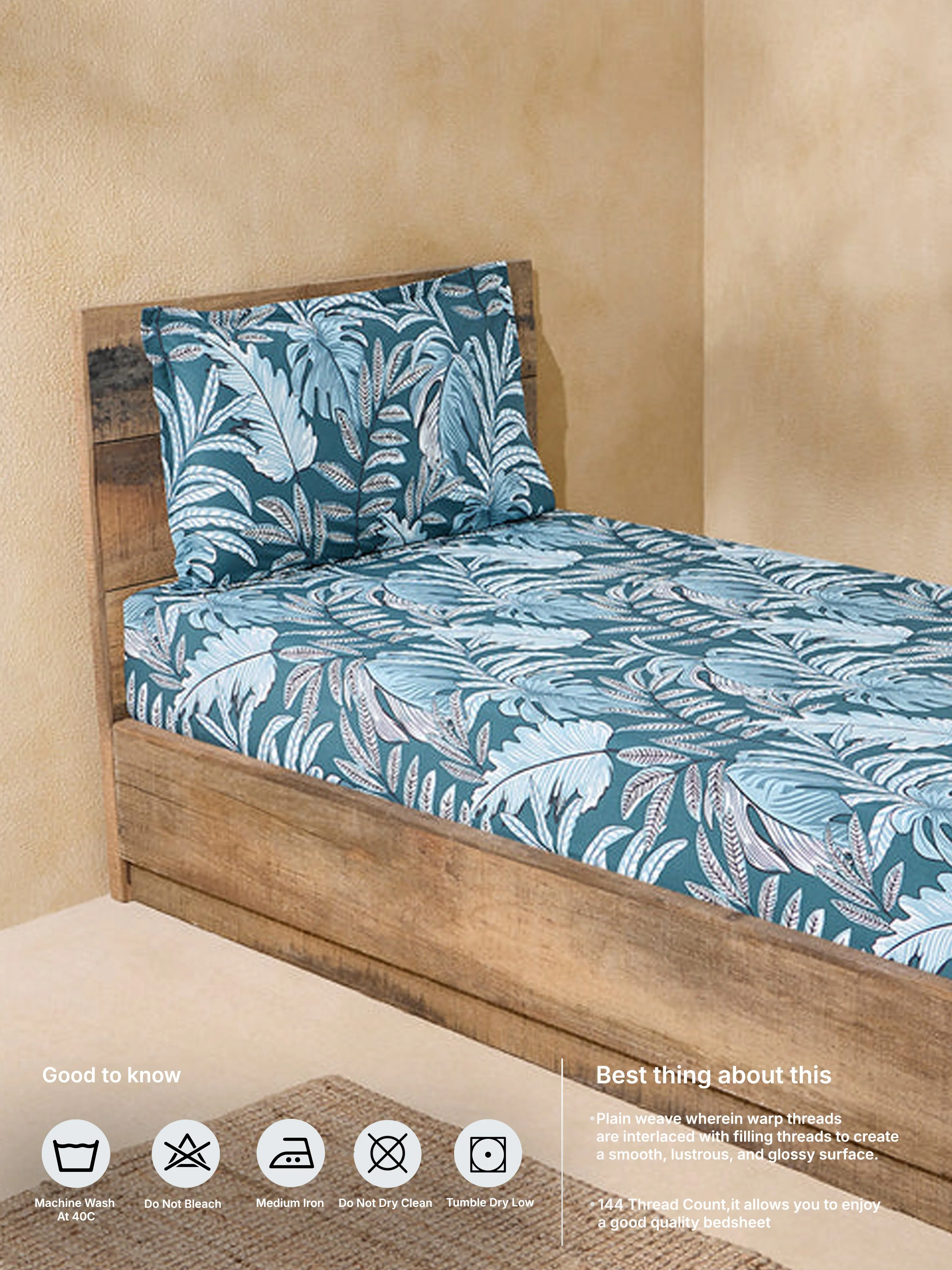 Westside Home Teal Leaf Design Single Bed Flat Sheet and Pillowcase Set