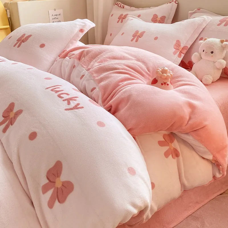 Winter Thickening Milk Fiber Bed Four-piece Coral Velvet Quilt Cover Flange Double-sided Bed Sheet Three-piece Bedding